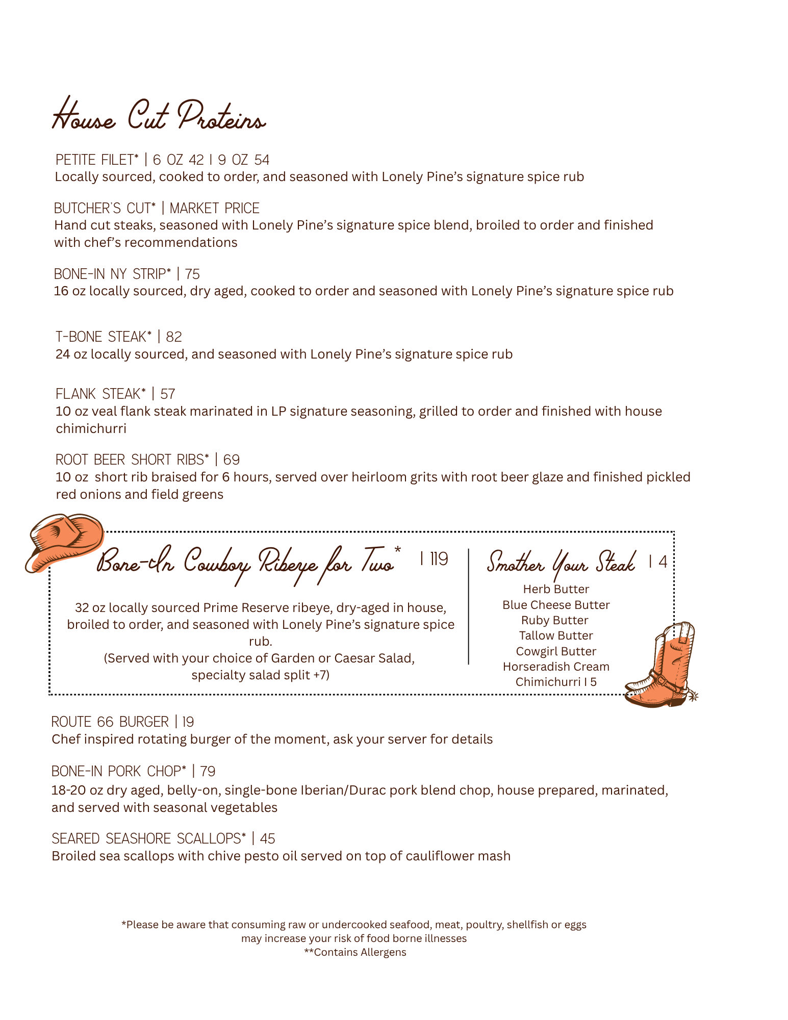 "Lonely Pine Steakhouse dinner menu featuring dry-aged steaks, filet mignon, bone-in New York strip, T-bone steak, cowboy ribeye for two, pork chop, short ribs, and scallops in Cincinnati."