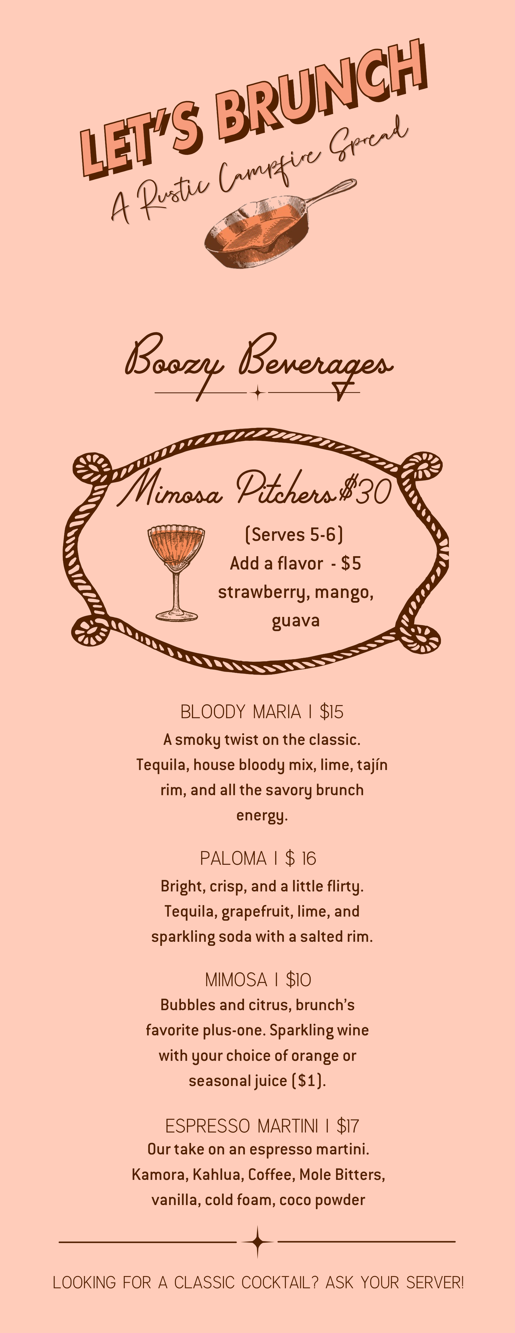 Brunch cocktails at Lonely Pine Steakhouse including mimosa pitchers, Bloody Marias, Palomas, and espresso martinis."