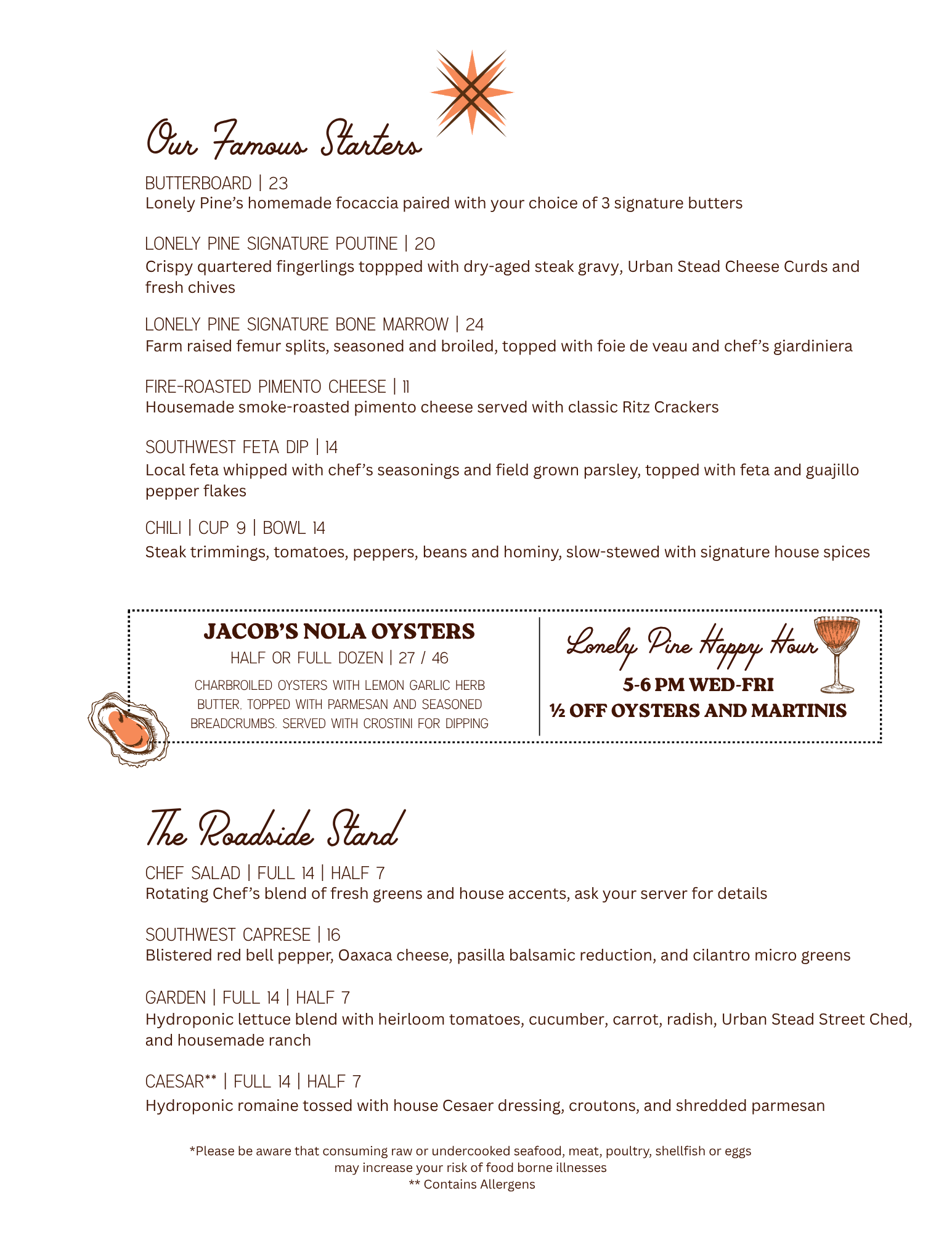 "Lonely Pine Steakhouse appetizers and salads menu featuring butter board, signature poutine, bone marrow, Jacob's NOLA oysters, chef salad, Caesar salad, and Southwest Caprese in Cincinnati."