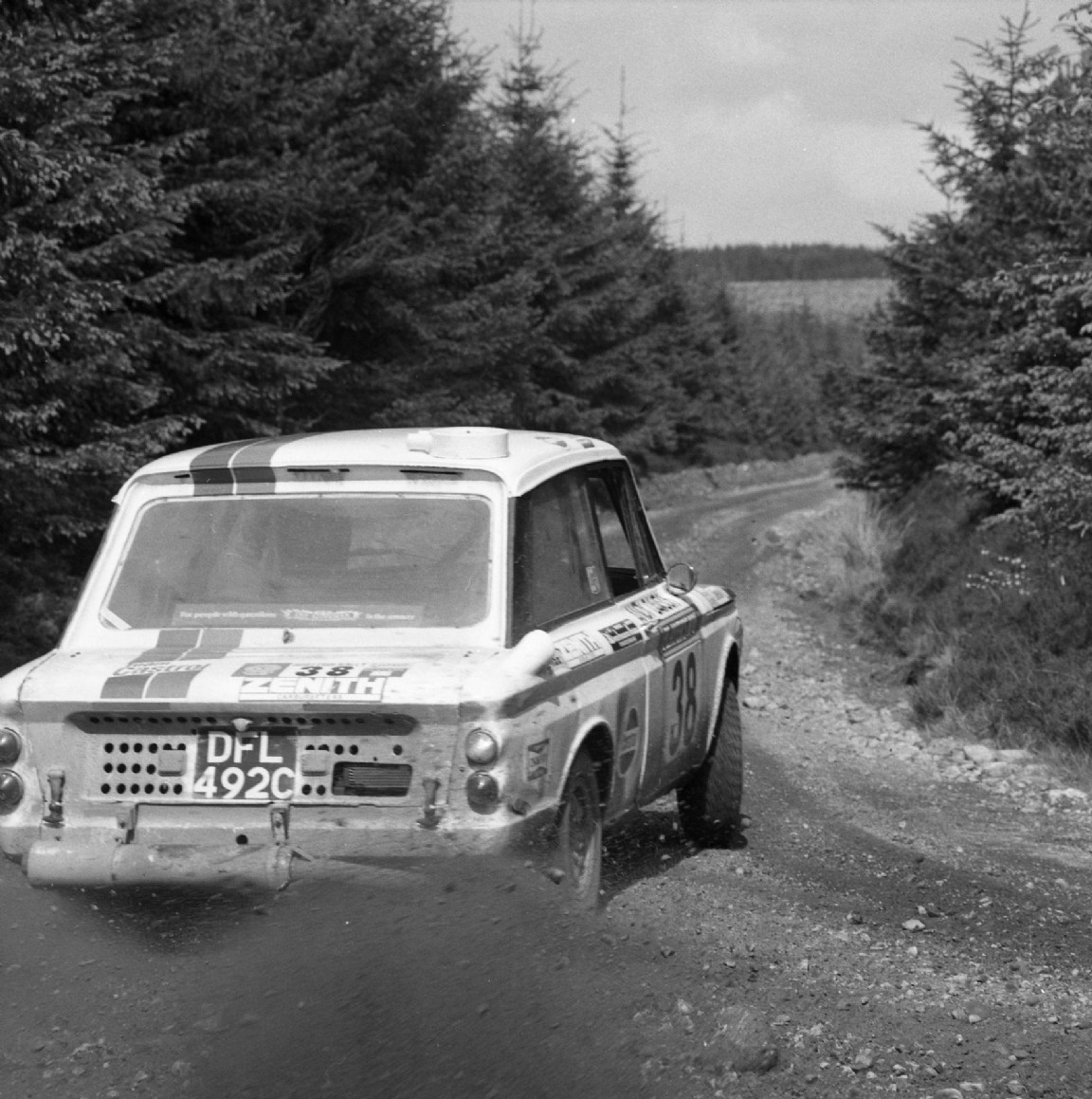 Rally car on forest road, 1973