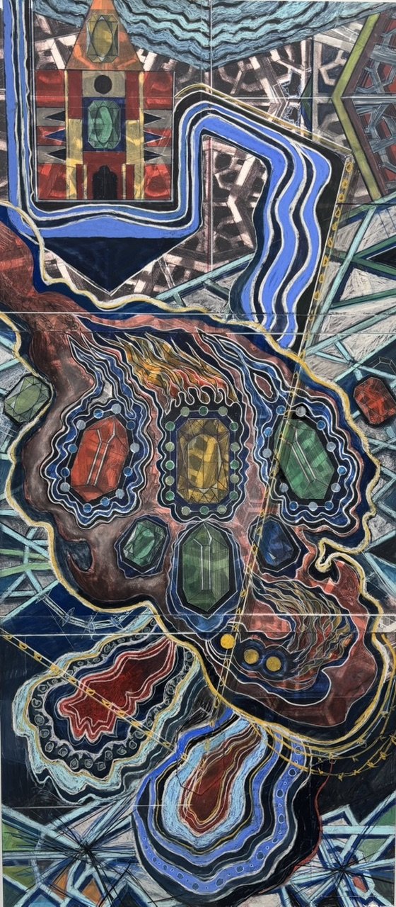   Flaming Jewels&nbsp;  2026 52 1/4" x 23 1/2” Pastel pencil, chalk and oil pastel Drawn on prints of the artist’s earlier drawings. 