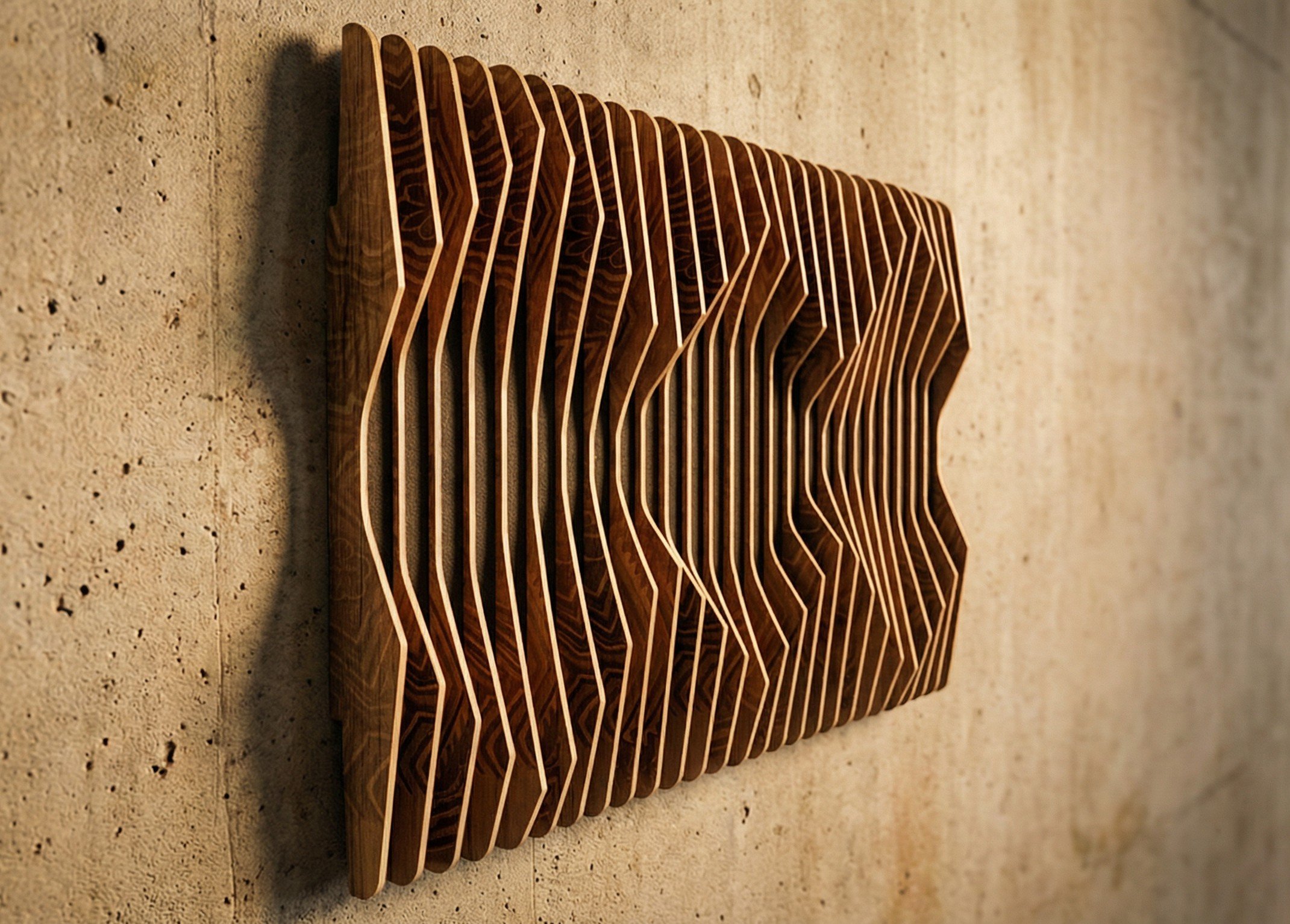 An early design mockup wide-angle view of Leon Speakers' Sculptura sound sculpture mounted on a concrete wall, featuring geometric, contoured wood tines with intricate pattern details.