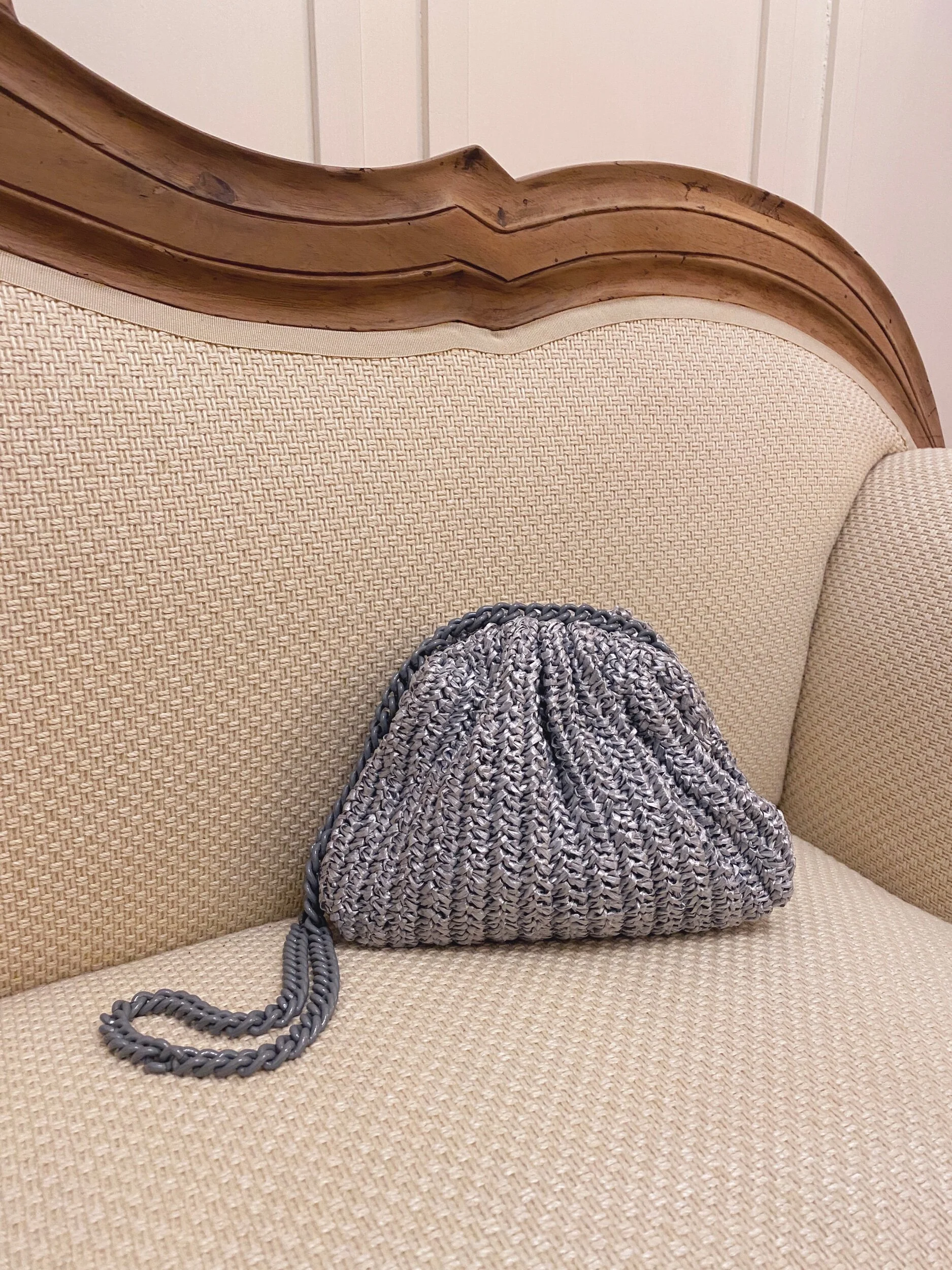 Maria La Rosa - Mini Raffia crochet Game bag - silver