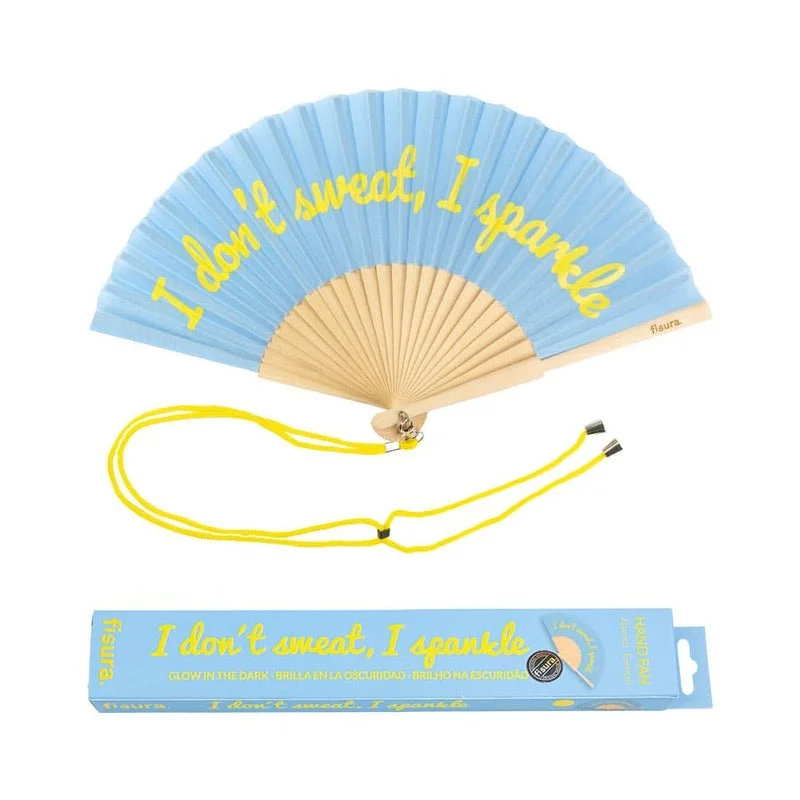 Hand-Fan - I don't sweat, I sparkle - Blue (Glows in the dark)