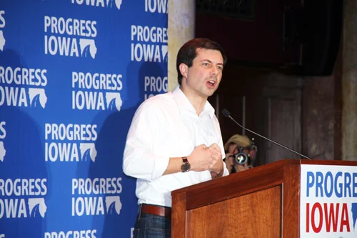 South Bend Mayor Pete Buttigieg speaks at Progress iowa Holiday Party in Des Moines.