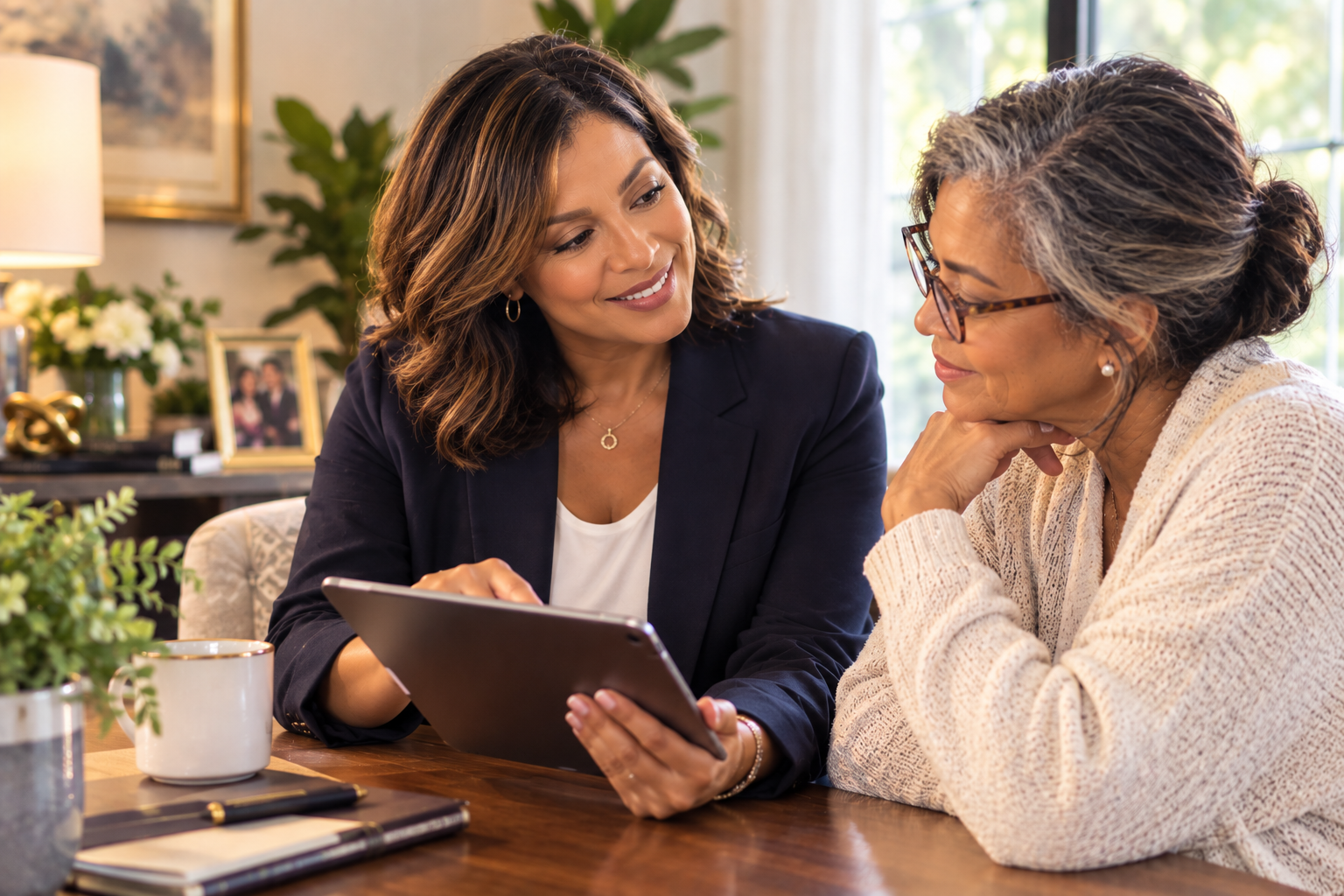RN Care Navigator reviewing a care plan on a tablet with an older woman at home