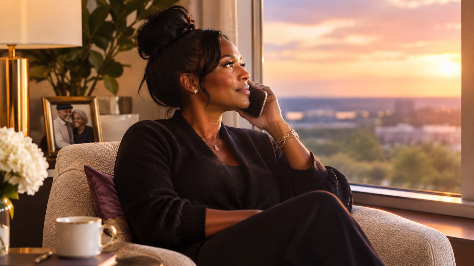 Woman on the phone by the window at sunset, checking in on her aging parents from a distance