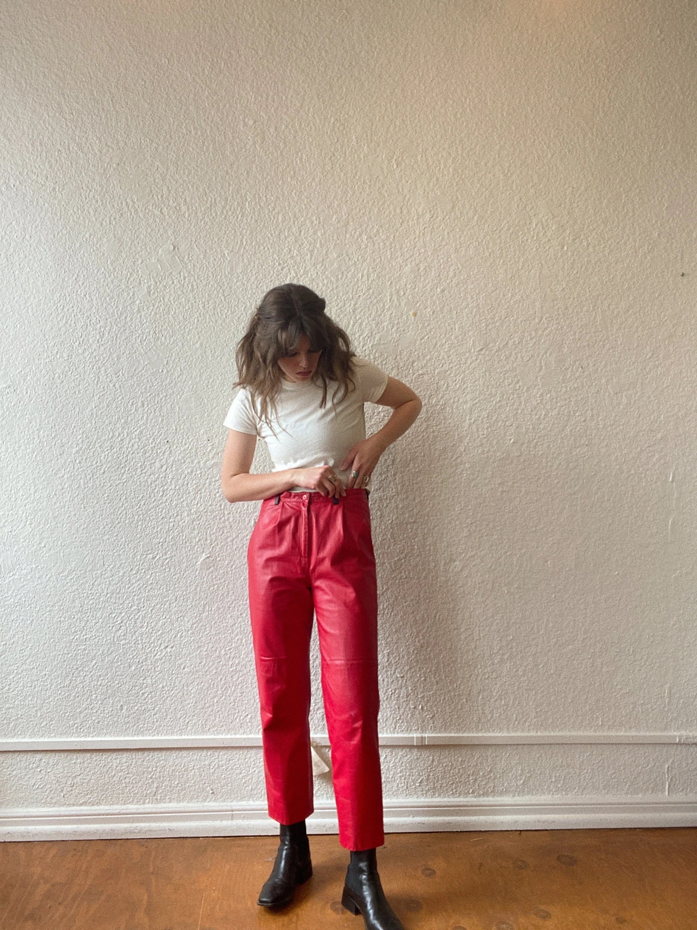 RED LEATHER PANTS WITH BLACK BELT LOOPS 