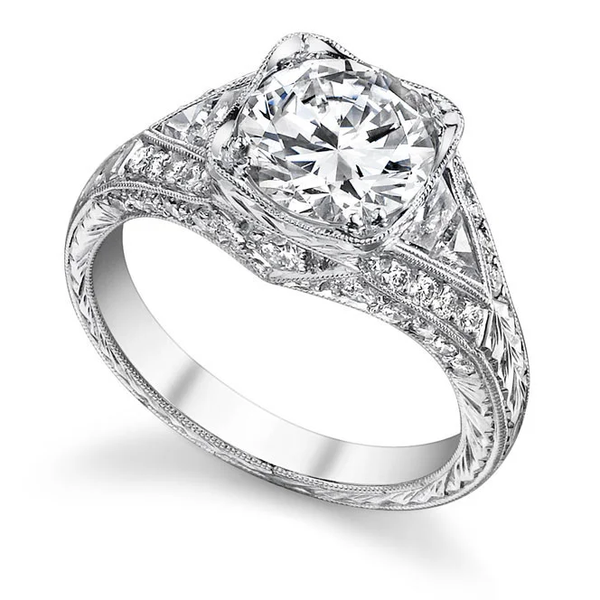 Cushion-Set Engraved Diamond Ring