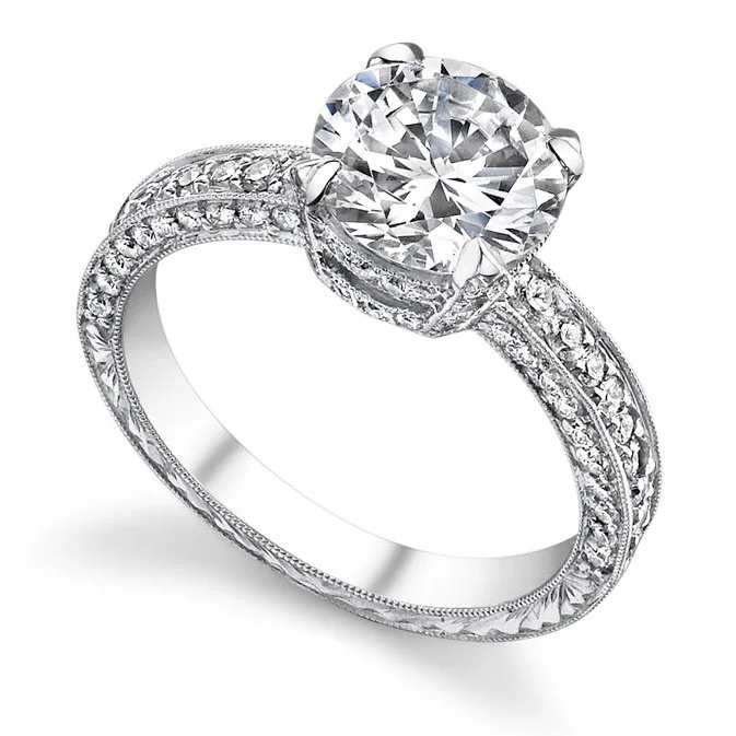 Three-Sided Engraved Pavé Solitaire Ring
