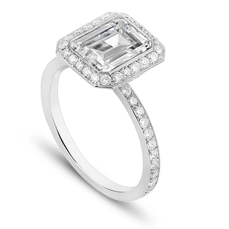 Emerald-Cut Pavé Halo Diamond Solitaire