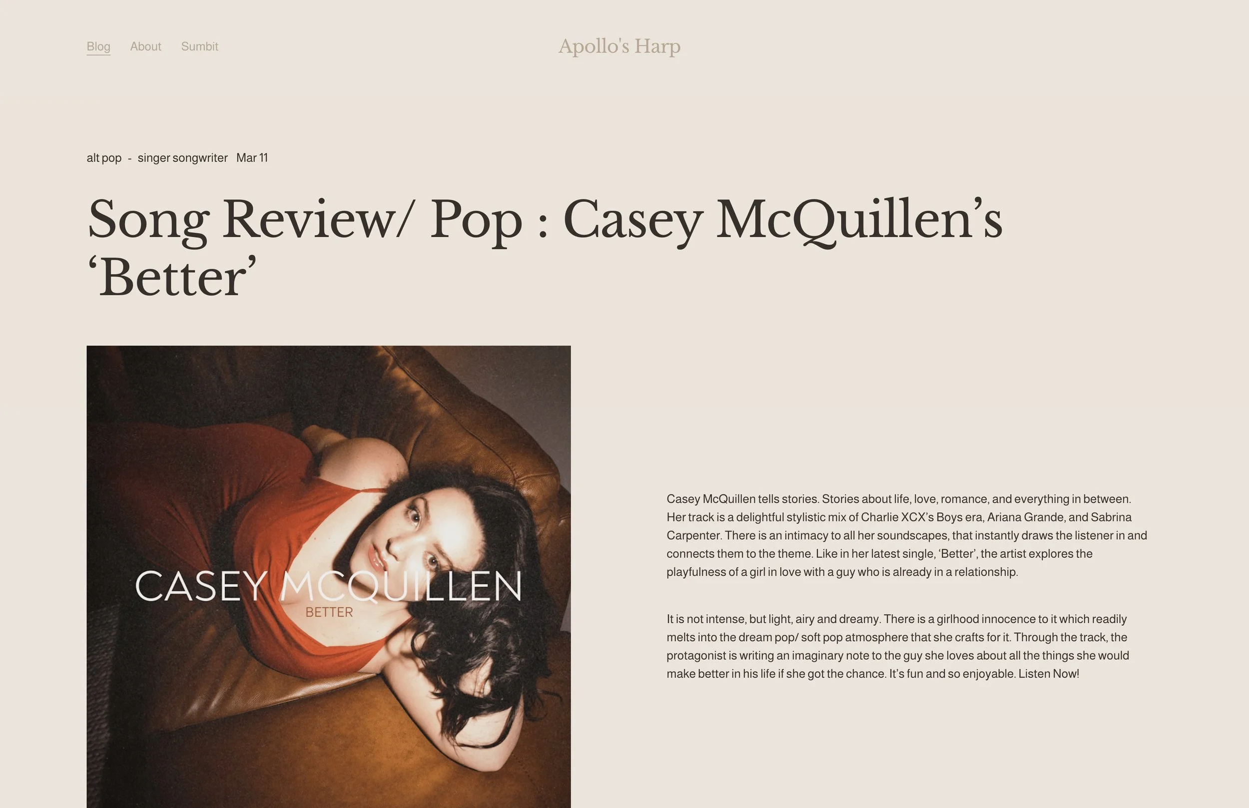 Apollo's Harp: Song Review/ Pop : Casey McQuillen’s ‘Better’
