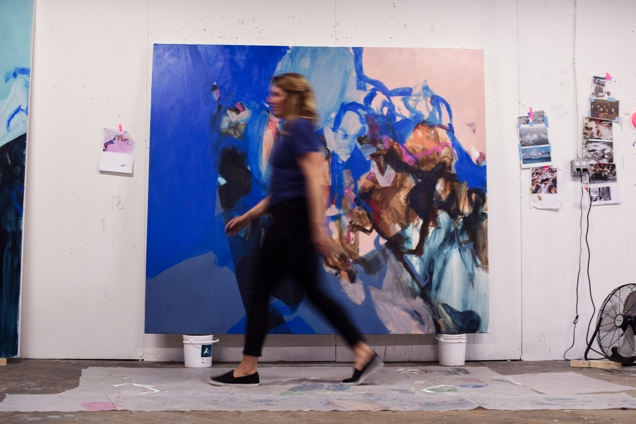  Katie in her studio |  Hopscotch , 84”x72”, acrylic on canvas, 2018 (photo by  Maura Asteria ) 