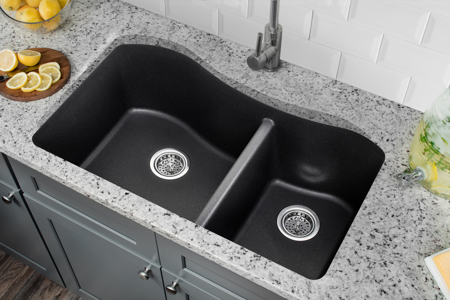 Undermount 32 1 2 In X 20 In 60 40 Bowl Quartz Kitchen Sink In Gray Cahaba Designs