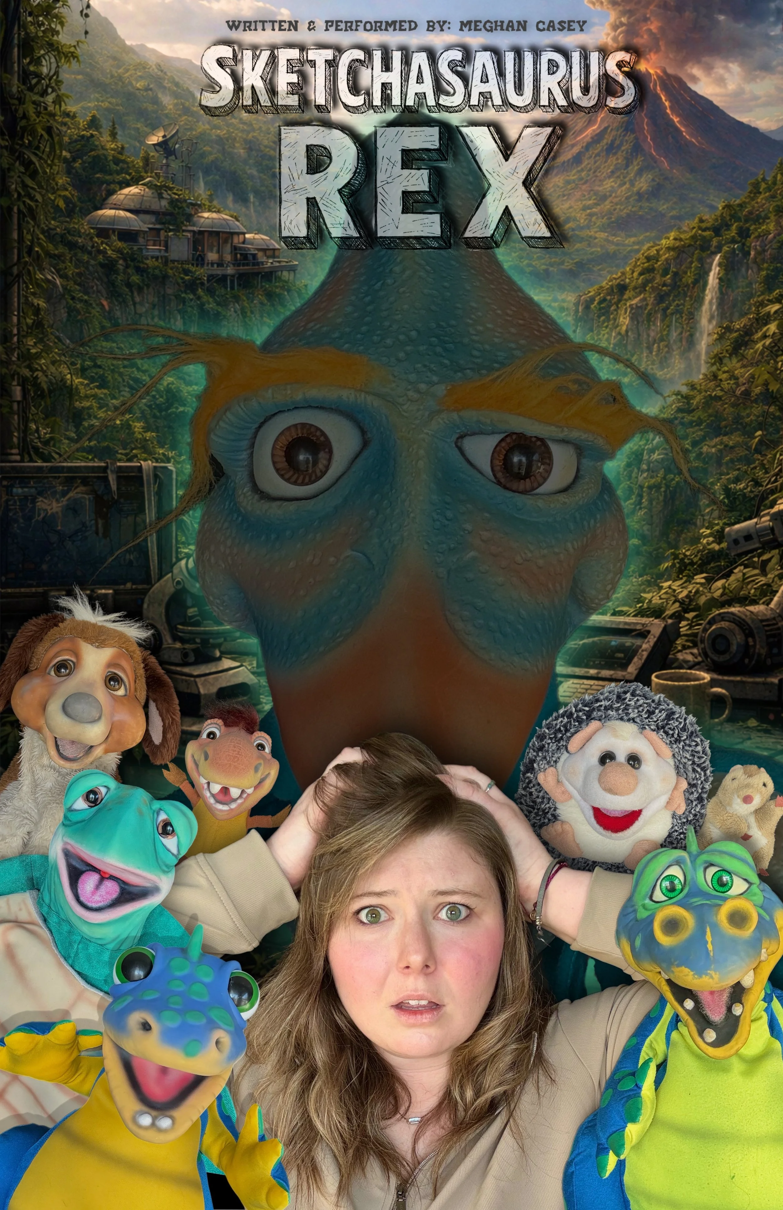 Promotional poster for Sketchasaurus Rex featuring dinosaur puppets, performer Meghan Casey, and a jungle-themed prehistoric adventure backdrop.