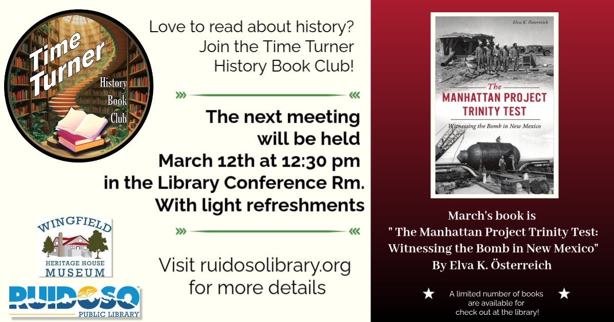 Promotional event graphic for Time Turner History Book Club March 2026 meeting at 12:30 PM at the Ruidoso Public Library.