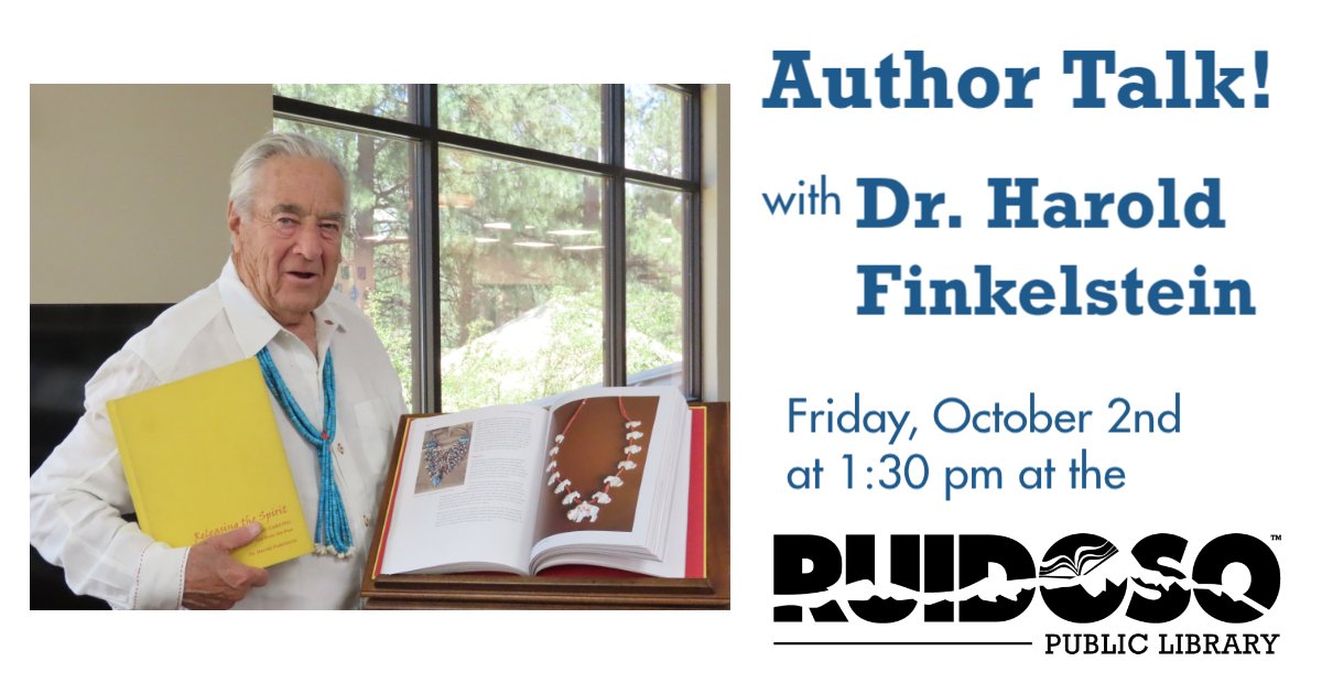 Dr. Harold Finkelstein holding Releasing the Spirit beside an open book featuring Zuñi fetish carvings, with event details for his October 2 author talk at Ruidoso Public Library.