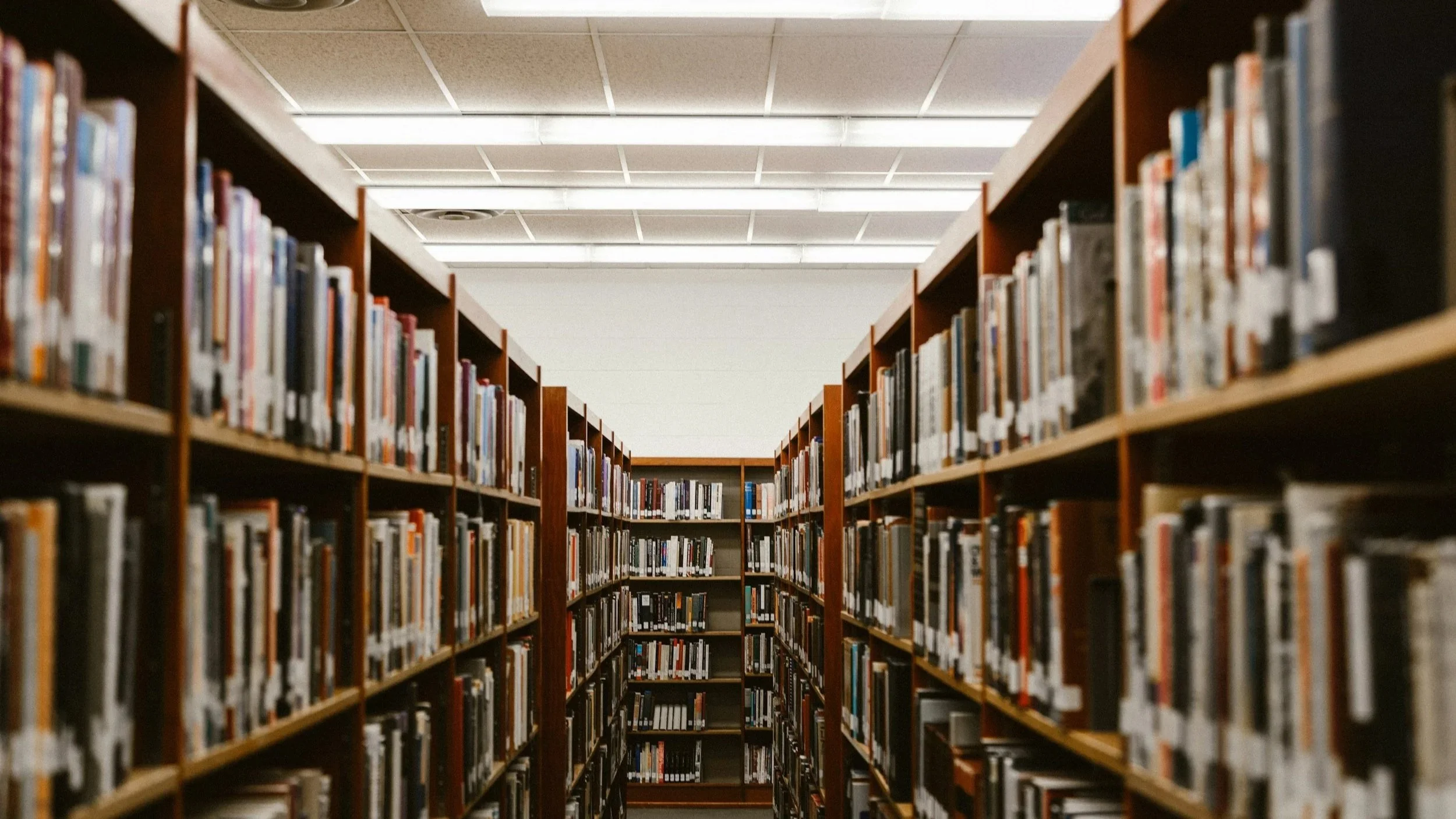 Photograph of library book shelves.