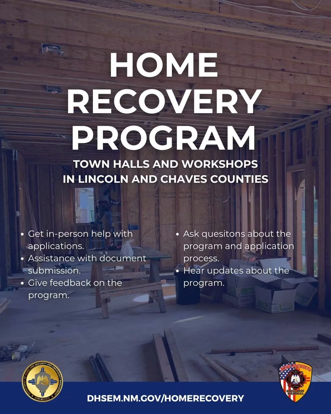 Home Recovery Program graphic promoting town halls, application workshops, document assistance, program updates, and community feedback in Lincoln and Chaves Counties.