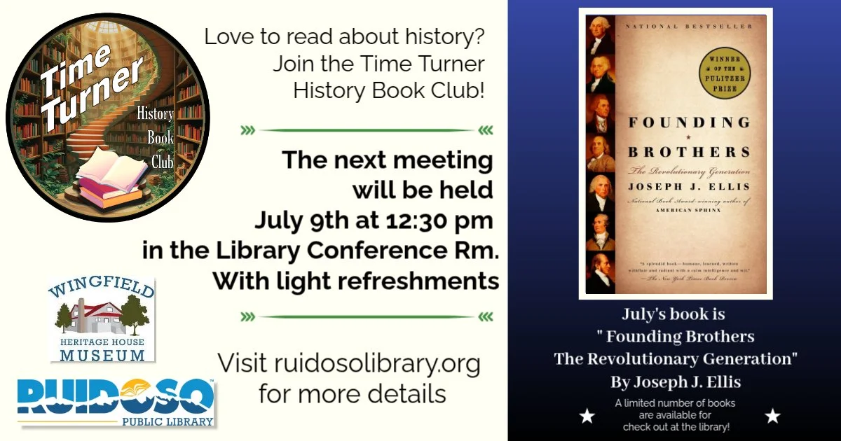 Promotional event graphic for Time Turner History Book Club July 9, 2026, Meeting at the Ruidoso Public Library