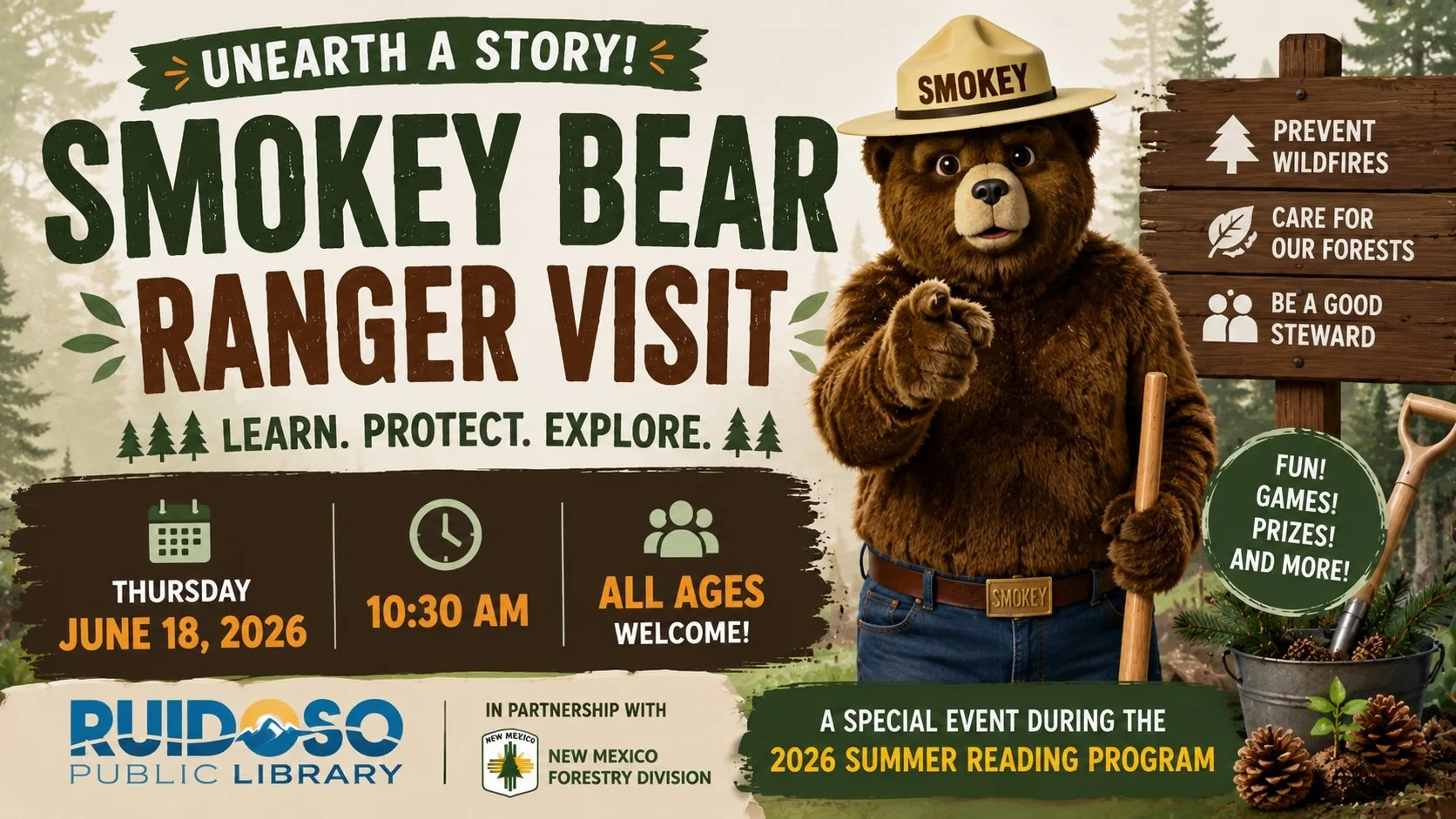 Promotional graphic for the Ruidoso Public Library Smokey Bear Ranger Visit featuring Smokey Bear, forest-themed imagery, wildfire prevention messaging, and event details for June 18, 2026, at 10:30 AM. All ages welcome.