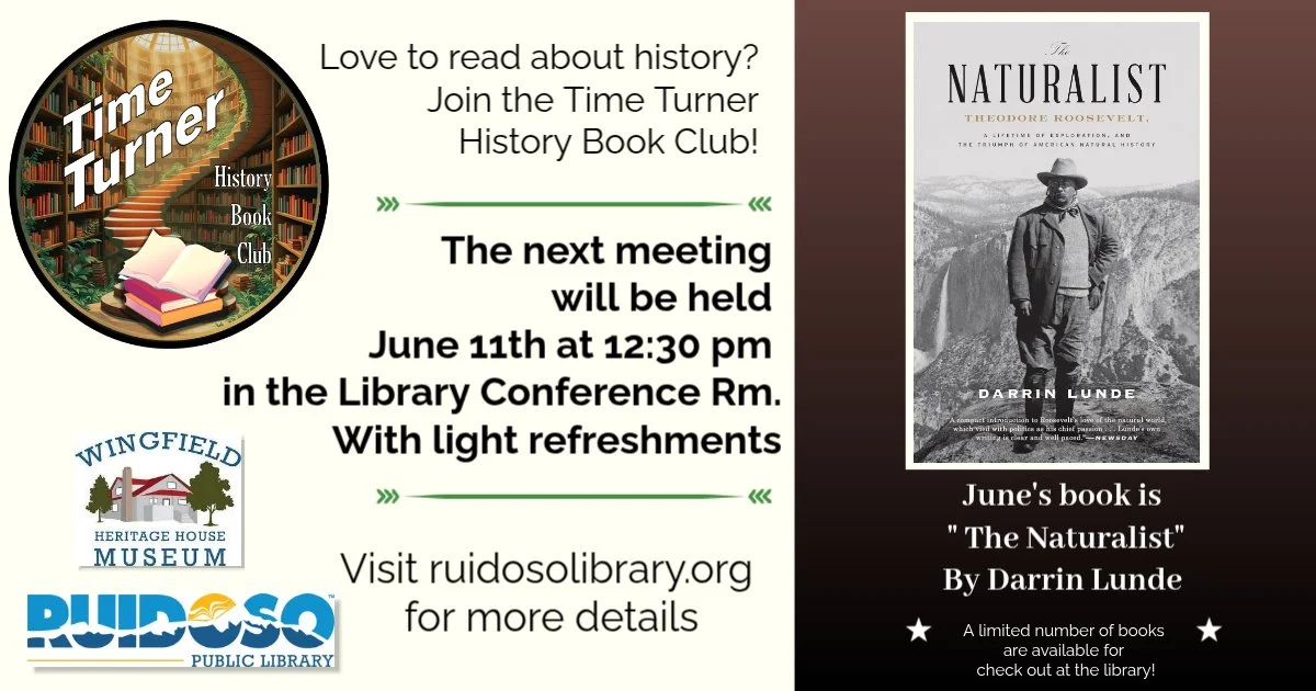 Promotional event graphic for the Time Turner History Book Club June 11, 2026 meeting at the Ruidoso Public Library
