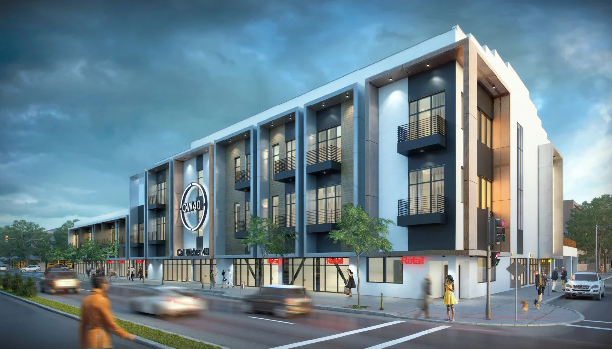 The artist’s rendering of the Cal Weber affordable-housing project at the southeast corner of California Street and Weber Avenue.