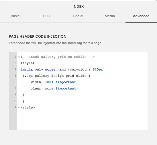 Squarespace page header code injection
