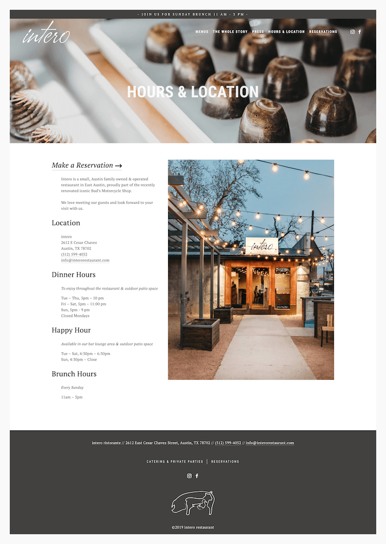 intero restaurant website design hours and location page