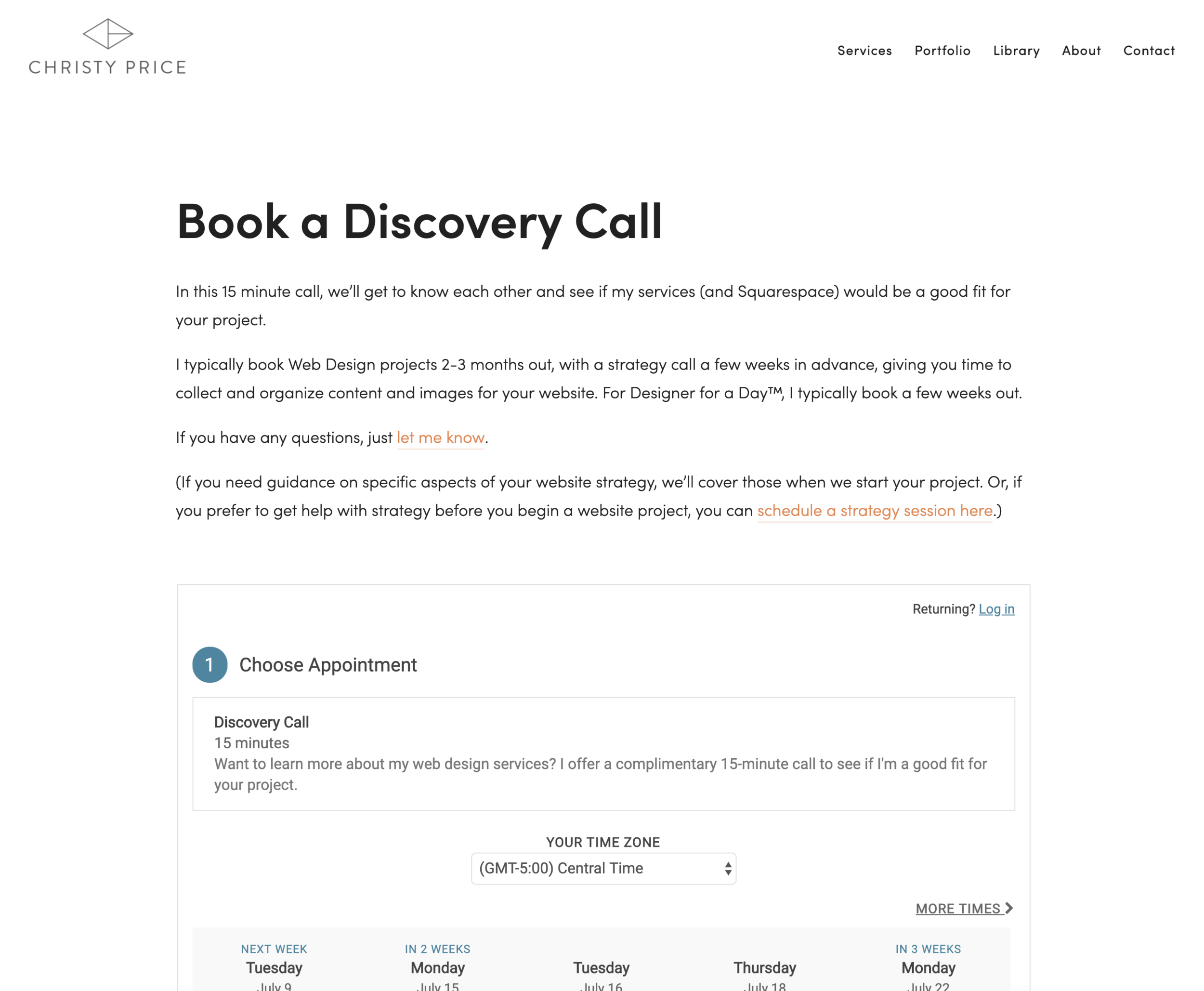 Acuity Scheduling embedded in a Squarespace website