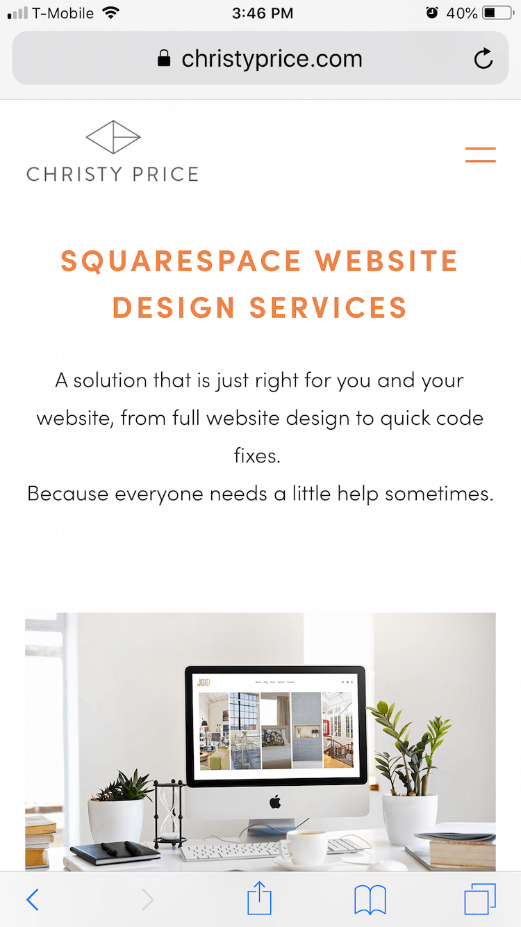 Original mobile view of my Squarespace website with no extra padding