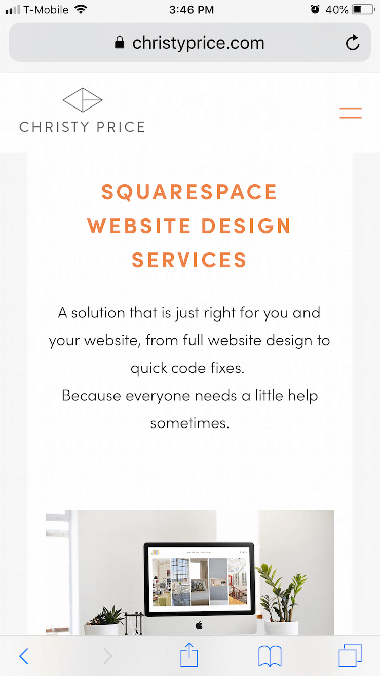 Squarespace mobile view with site background showing on the left and right