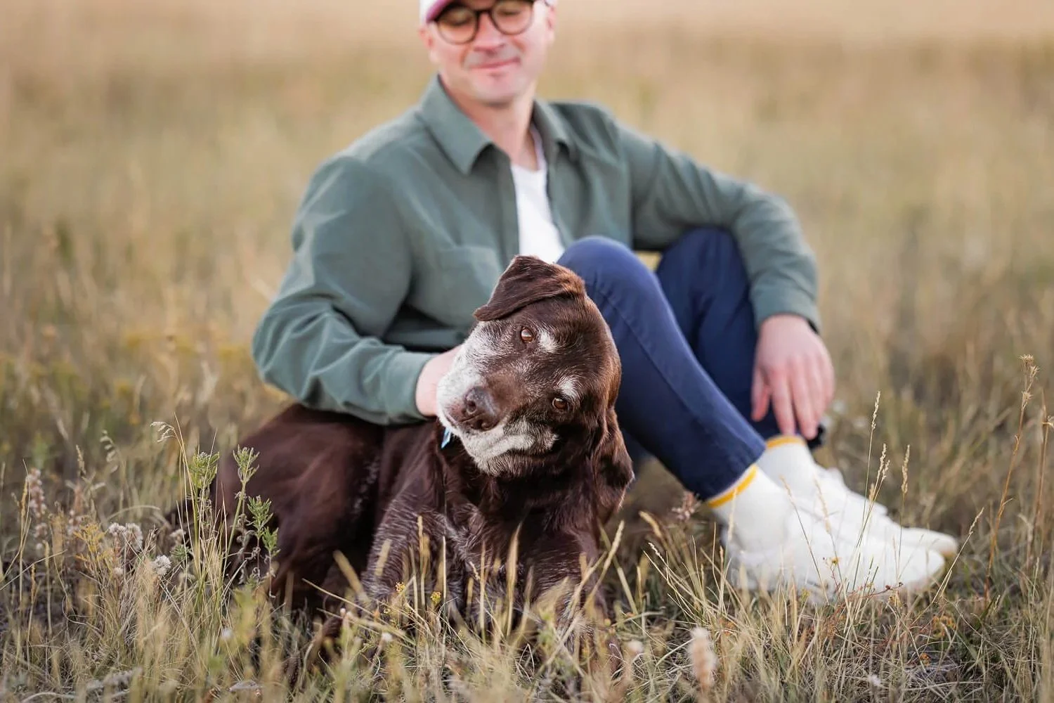 Senior chocolate Labrador with a silver muzzle sitting with his owner in a Colorado field, captured by a Denver pet photographer.