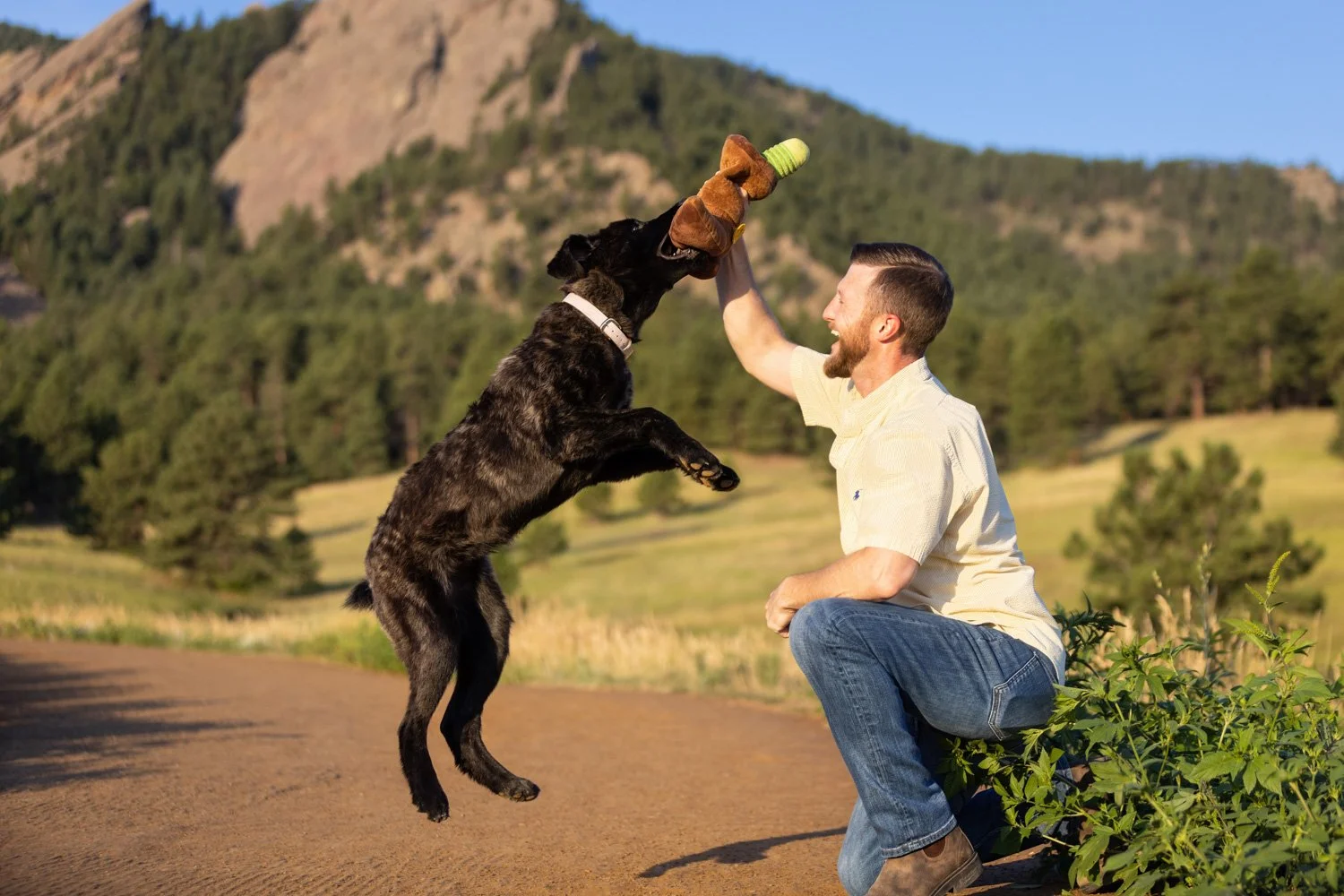 Dog owners hiking with their puppy at Chautauqua Park, illustrating the dog-friendly lifestyle in Boulder, Colorado, captured by Allison Mae.