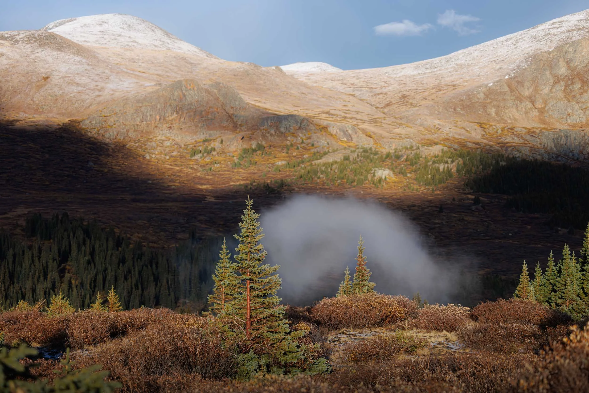 A cinematic Colorado mountain landscape after a heavy storm, showing golden hour sunlight breaking through dark, dramatic cloud formations over a dog photography session with Allison Mae.