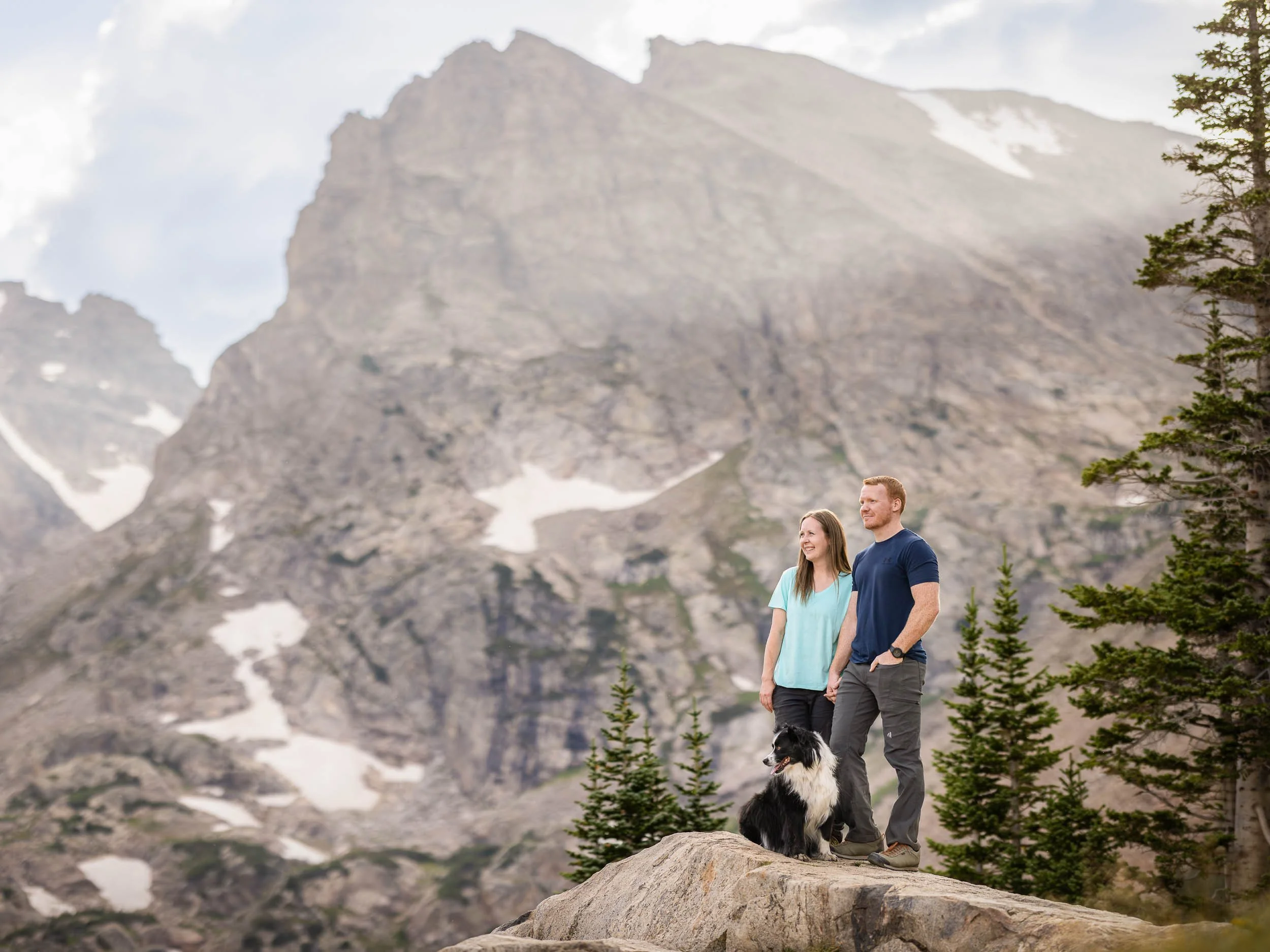 Adventure dog photography in the Colorado Rockies featuring a dog looking over a mountain vista at sunset.