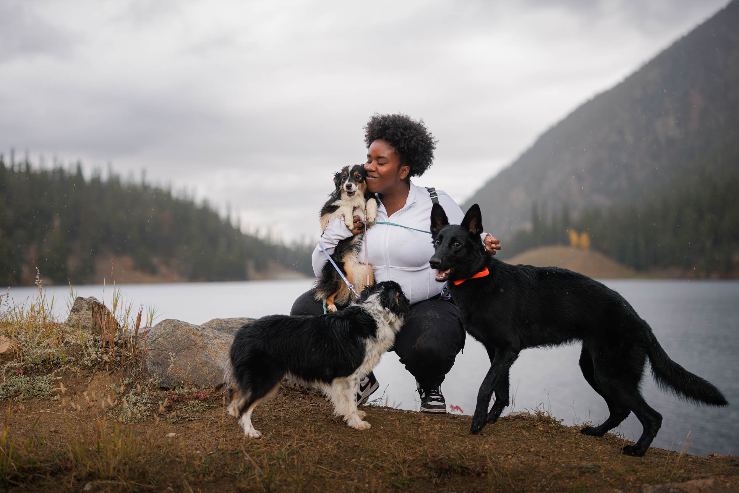 Professional dog trainer from WolfPack Planet working with dogs on a mountain trail during a rainy branding session in Colorado, featuring dramatic low-hanging clouds and a moody, adventurous atmosphere.