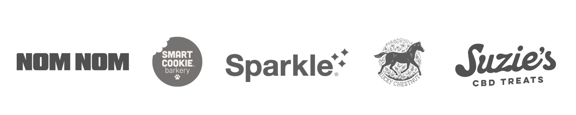 A selection of pet industry brand logos, including NomNom and Smart Cookie, who have partnered with Allison Mae for commercial and branding photography.