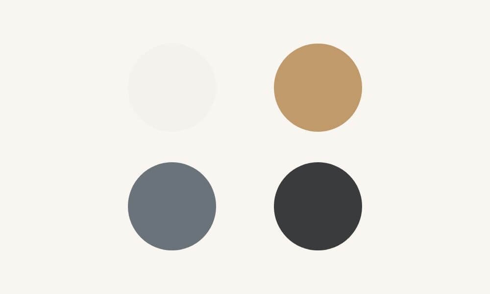 Four colored circles on a light background, arranged in a square pattern with beige, white, gray, and black circle.