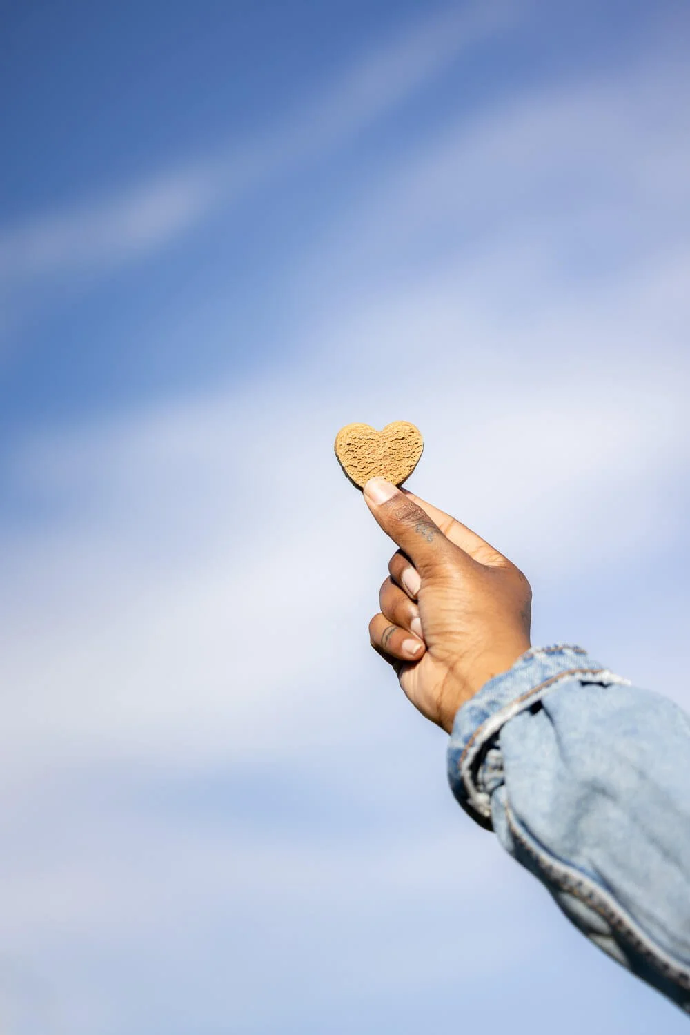 Person holding a heart-shaped cookie against a cloudy blue sky.
