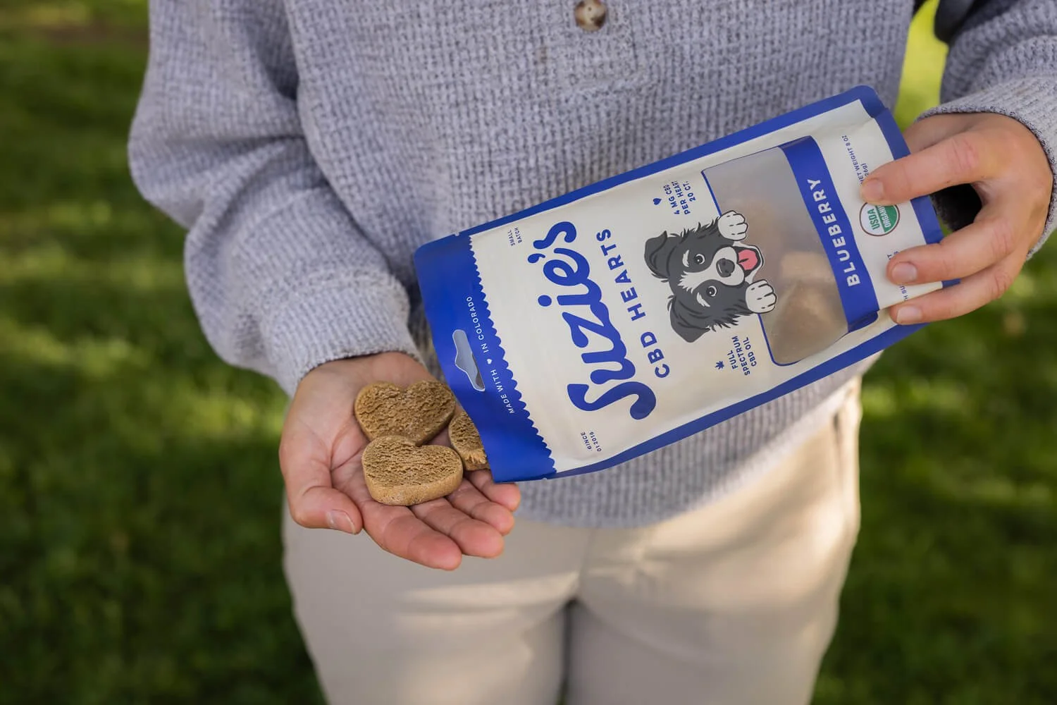 Person holding CBD dog treats and a bag labeled 'Suvie's CBD Heart's Blueberry' with a cartoon dog on it, outdoors on grass.