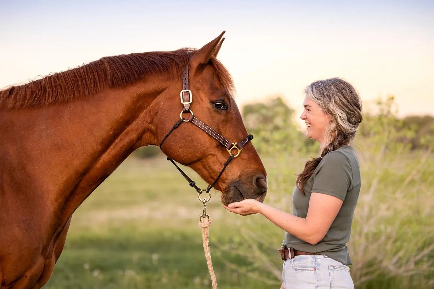 A woman connecting with her chestnut horse in a scenic field, by Colorado equine photographer Allison Mae.