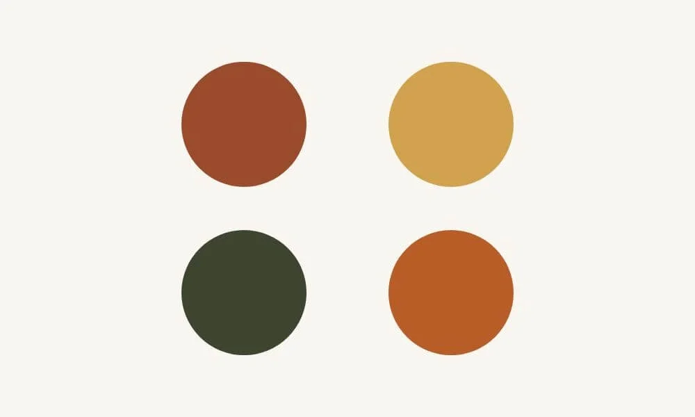 A timeless color palette for pet photography featuring Rust, Mustard, Forest Green, and Mustard for a natural wardrobe look.