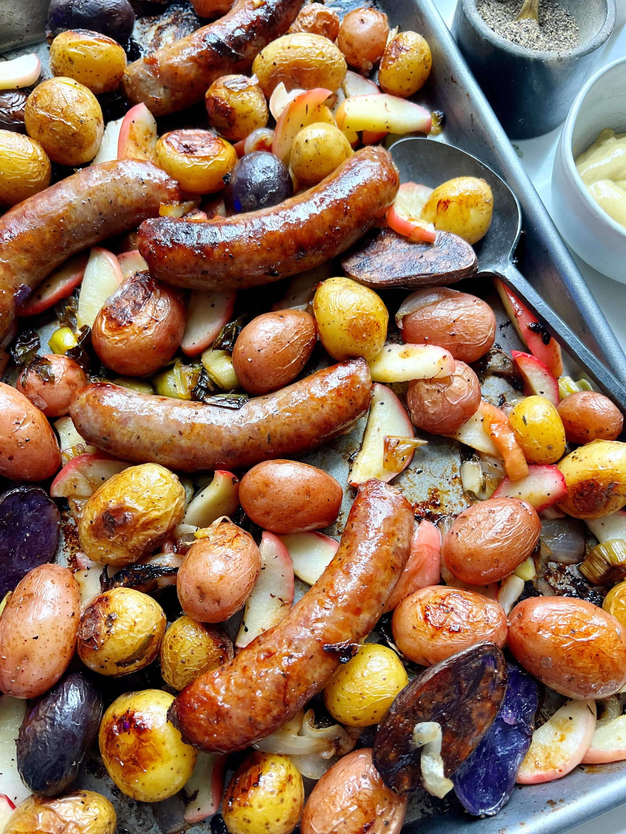 Baked Sausages with Leeks, Potatoes and Apples — The Salt And Stone