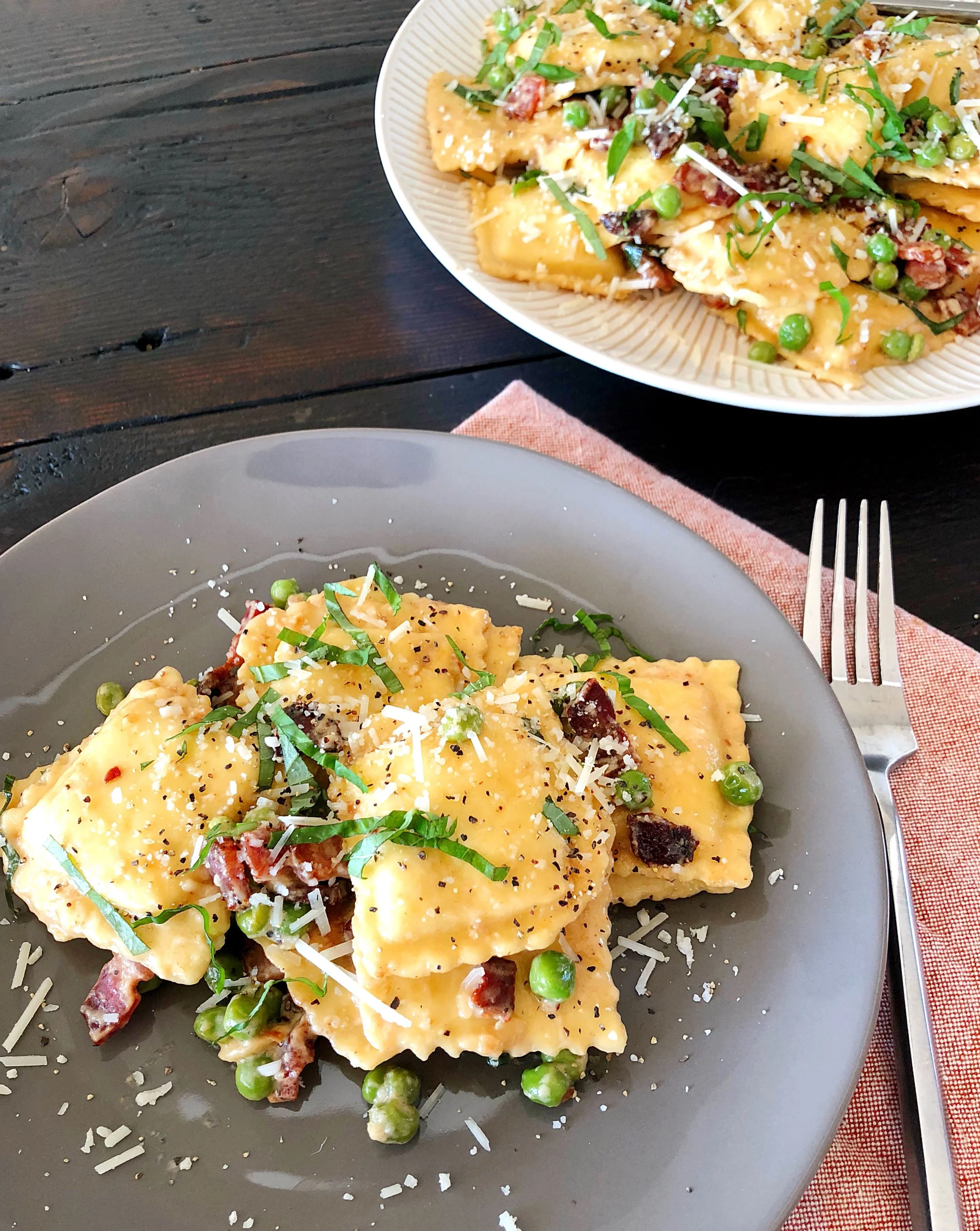 Crispy Ravioli with Peas and Bacon