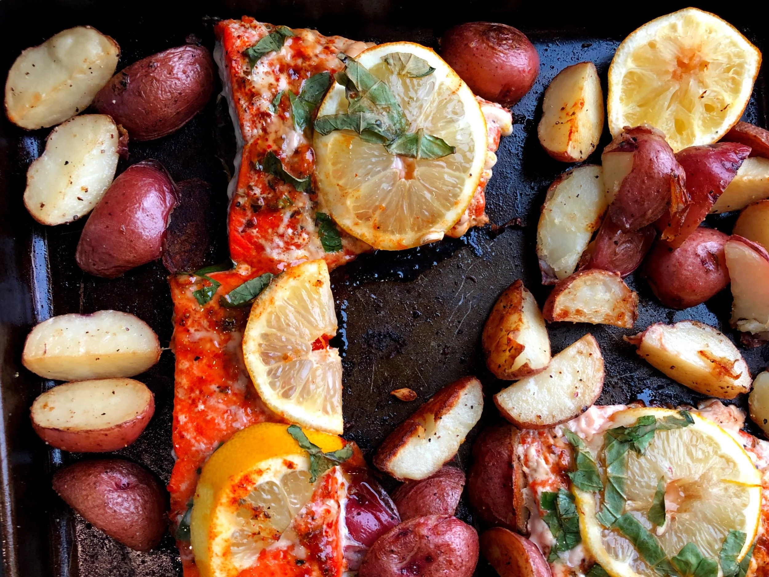 Sheet Pan Roasted Potatoes and Honey Garlic Salmon