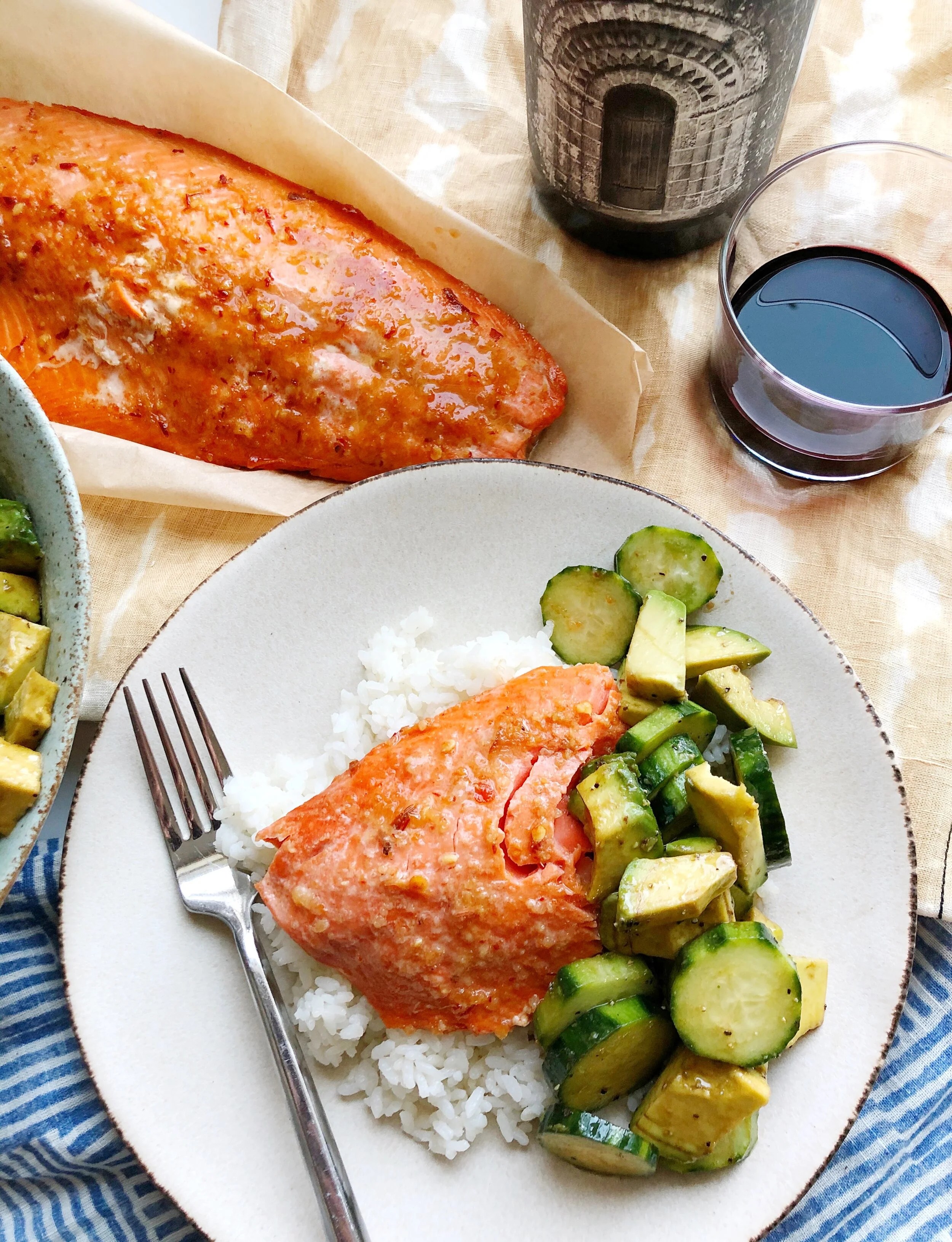 Ginger Soy Barbecued Salmon with Cucumber Avocado Salad and Coconut Rice