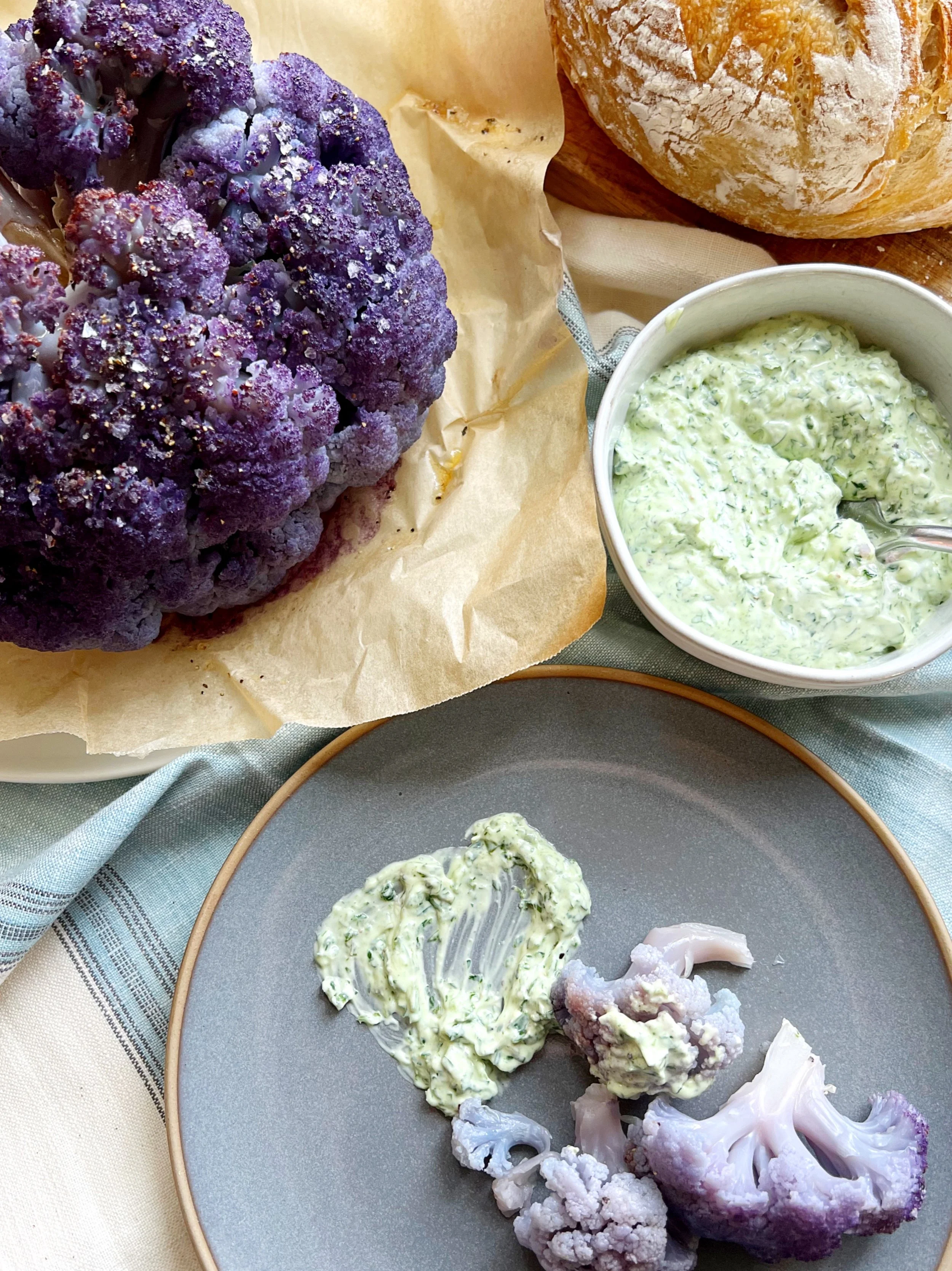 Whole Roasted Cauliflower with Green Goddess Dipping Sauce