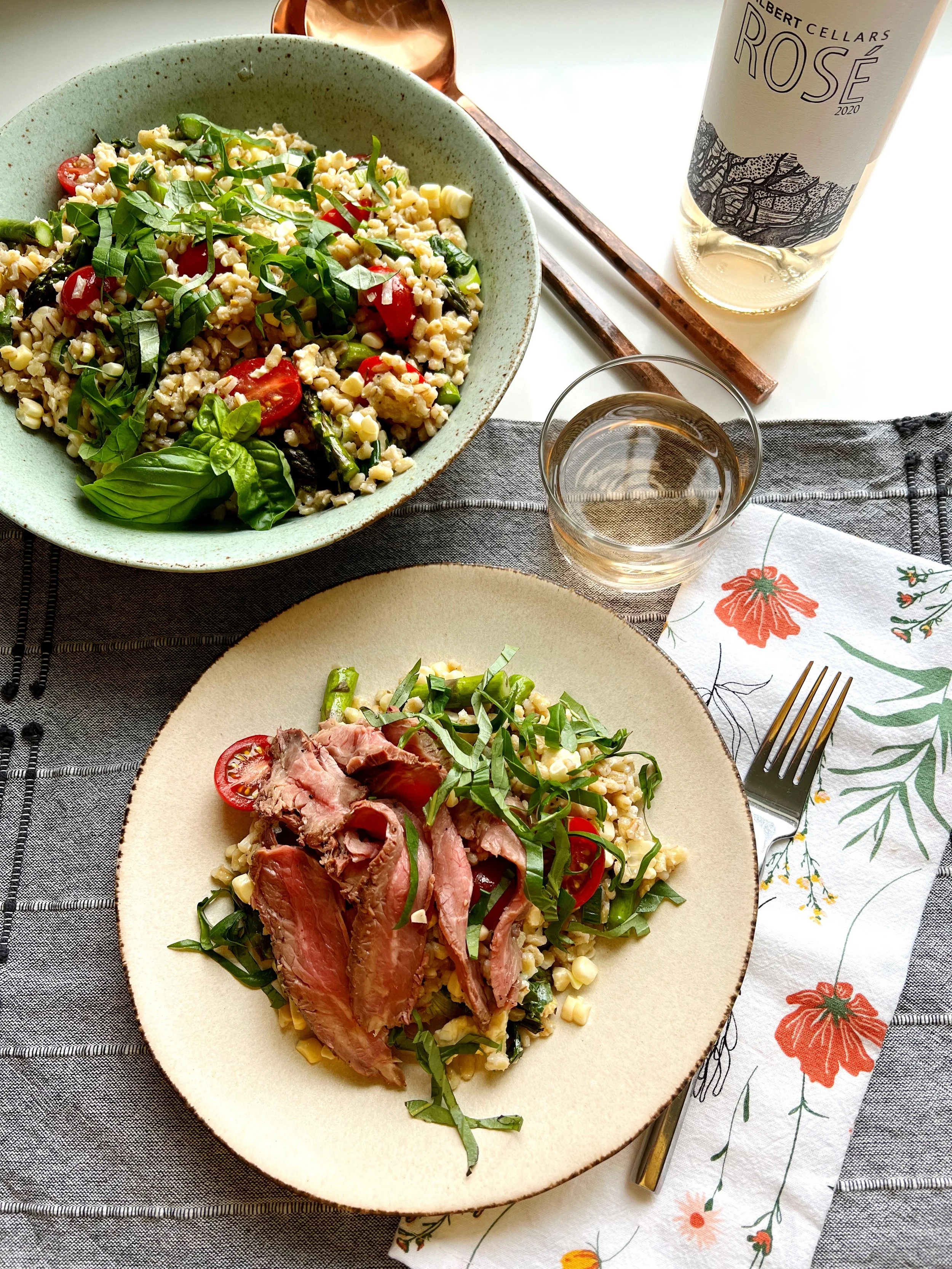 Grilled Flank Steak with Charred Corn, Asparagus and Farro Salad