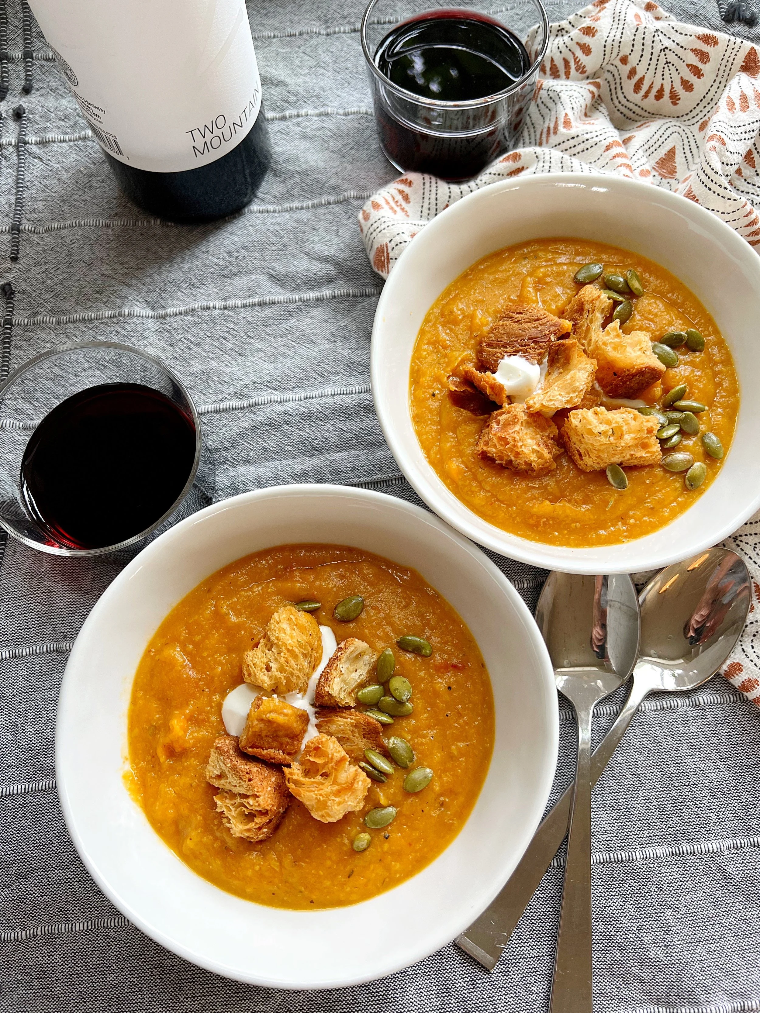 Fall Roasted Vegetable Soup with Rosemary Croutons